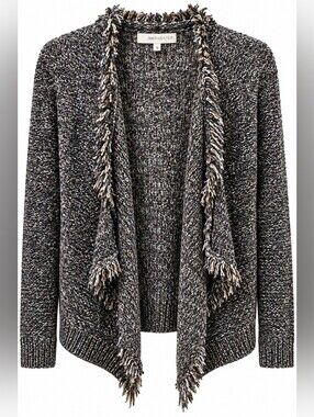 360 Sweater Marled Black Fringe Open-Front Cardigan